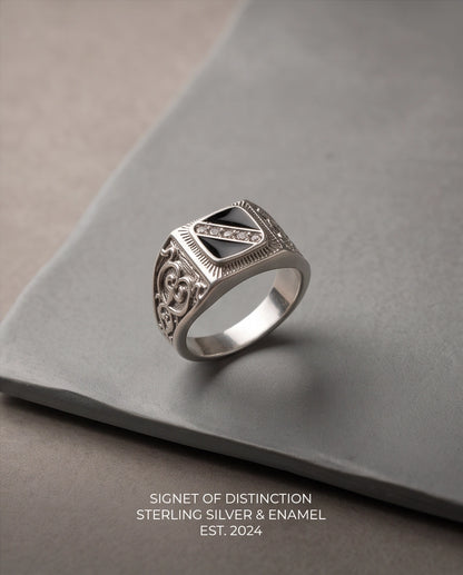 Onyx-Inlay Channel Pavé Diagonal Striped Filigree Silver Ring