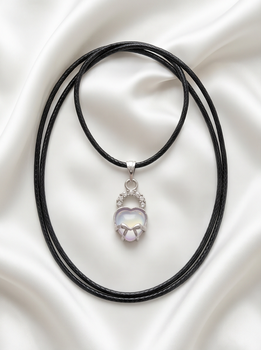 Opalite Heart Bow Lock Pendant Necklace