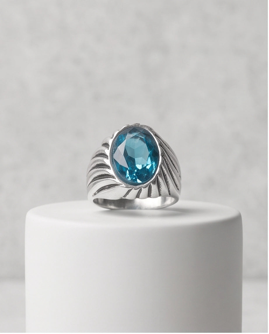 Teal Oval-Cut Gemstone Fluted Cable-Texture Silver Ring