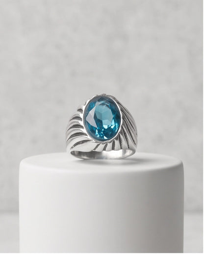 Teal Oval-Cut Gemstone Fluted Cable-Texture Silver Ring