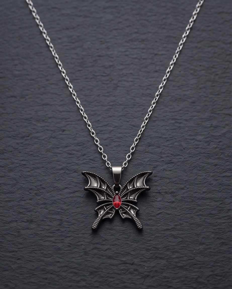 Black Bat-Wing Butterfly Red Gem Pendant Necklace