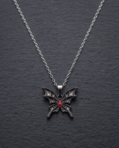 Black Bat-Wing Butterfly Red Gem Pendant Necklace