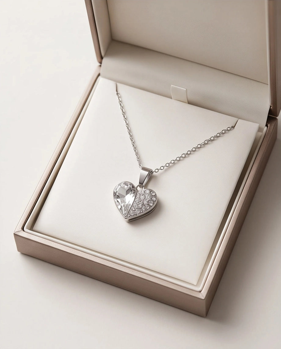 Silver Clear Crystal Heart Pavé Pendant Necklace