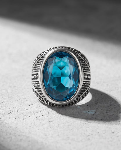 Aquamarine Gemstone Beaded Surround Chevron Stippled Silver Ring