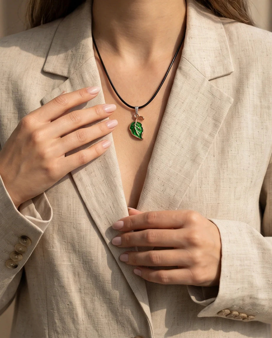 Gold and Green Leaf Pendant Necklace