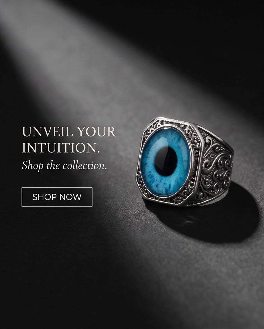 Cyan Sky-Blue Evil Eye Cabochon Gothic Filigree Silver Ring