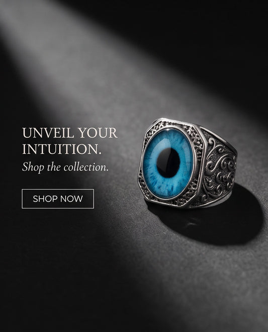 Cyan Sky-Blue Evil Eye Cabochon Gothic Filigree Silver Ring