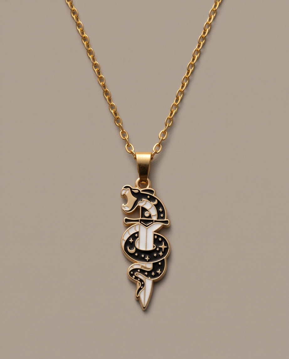 Gold Snake & Dagger Celestial Enamel Pendant Necklace