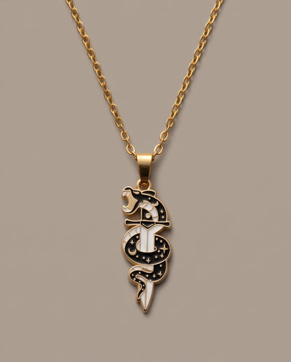Gold Snake & Dagger Celestial Enamel Pendant Necklace