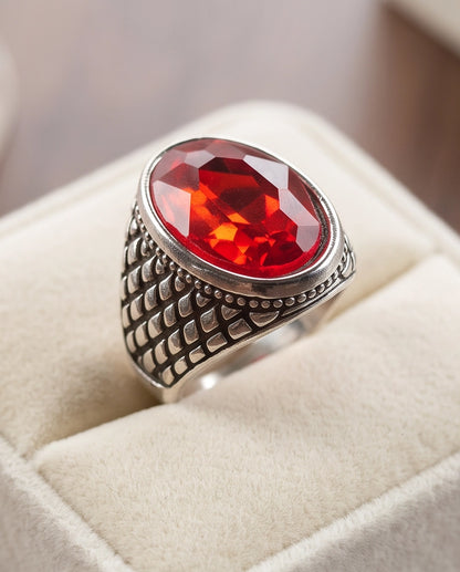 Ruby Gemstone Beaded Surround Dragon-Scale Silver Ring