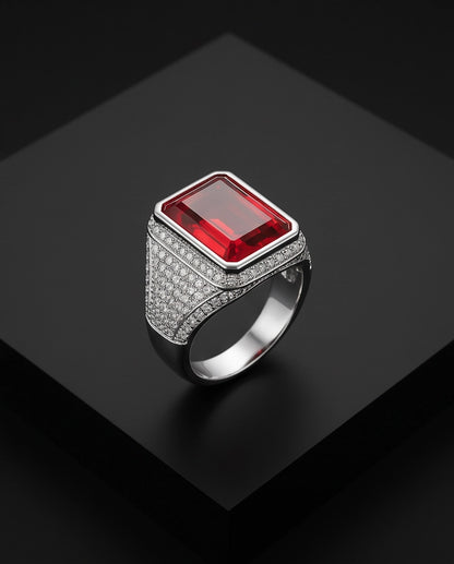 Ruby Red Emerald-Cut Gemstone Stippled Halo Silver Ring