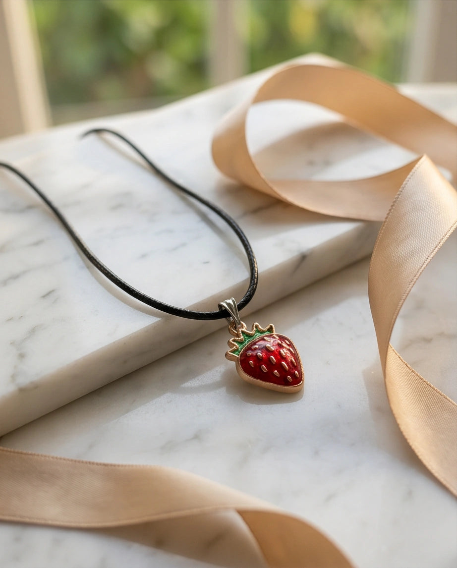 Gold and Red Strawberry Pendant Necklace