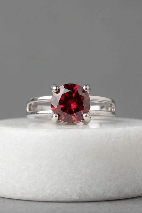 Sterling Silver Round-Cut Split Shank Garnet Red Solitaire Ring