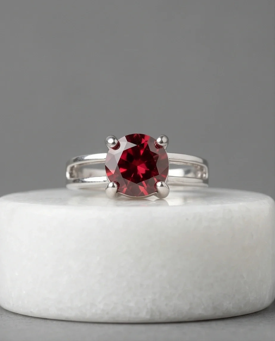 Sterling Silver Round-Cut Split Shank Garnet Red Solitaire Ring