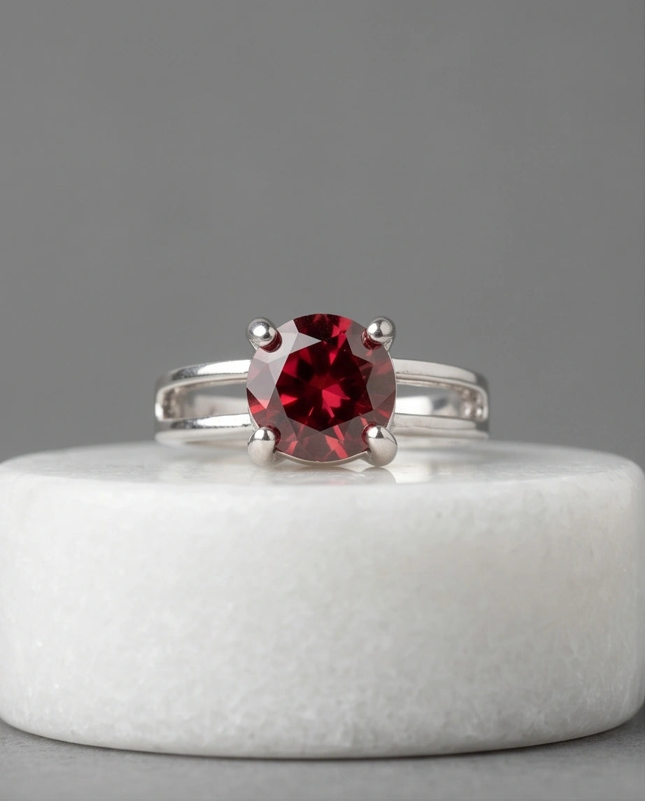 Sterling Silver Round-Cut Split Shank Garnet Red Solitaire Ring