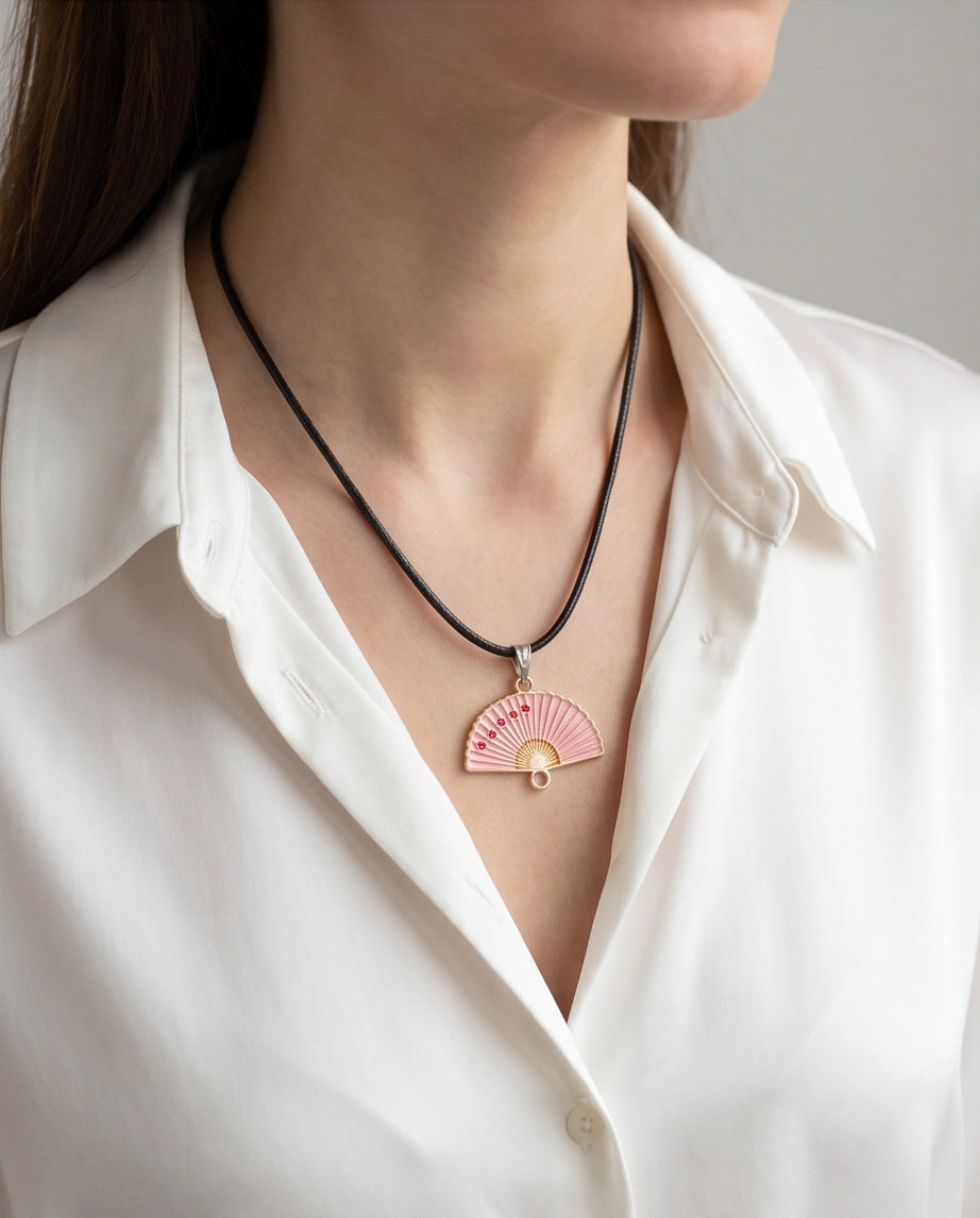Pink Sakura Fan Pendant Necklace