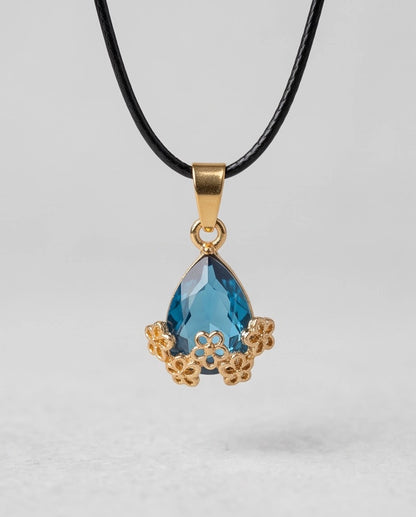 Gold Sapphire Teardrop Floral Basket Pendant Necklace