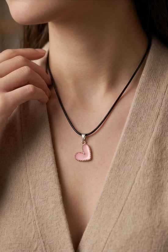Pink Beaded-Edge Heart Enamel Pendant Necklace