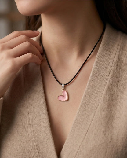 Pink Beaded-Edge Heart Enamel Pendant Necklace