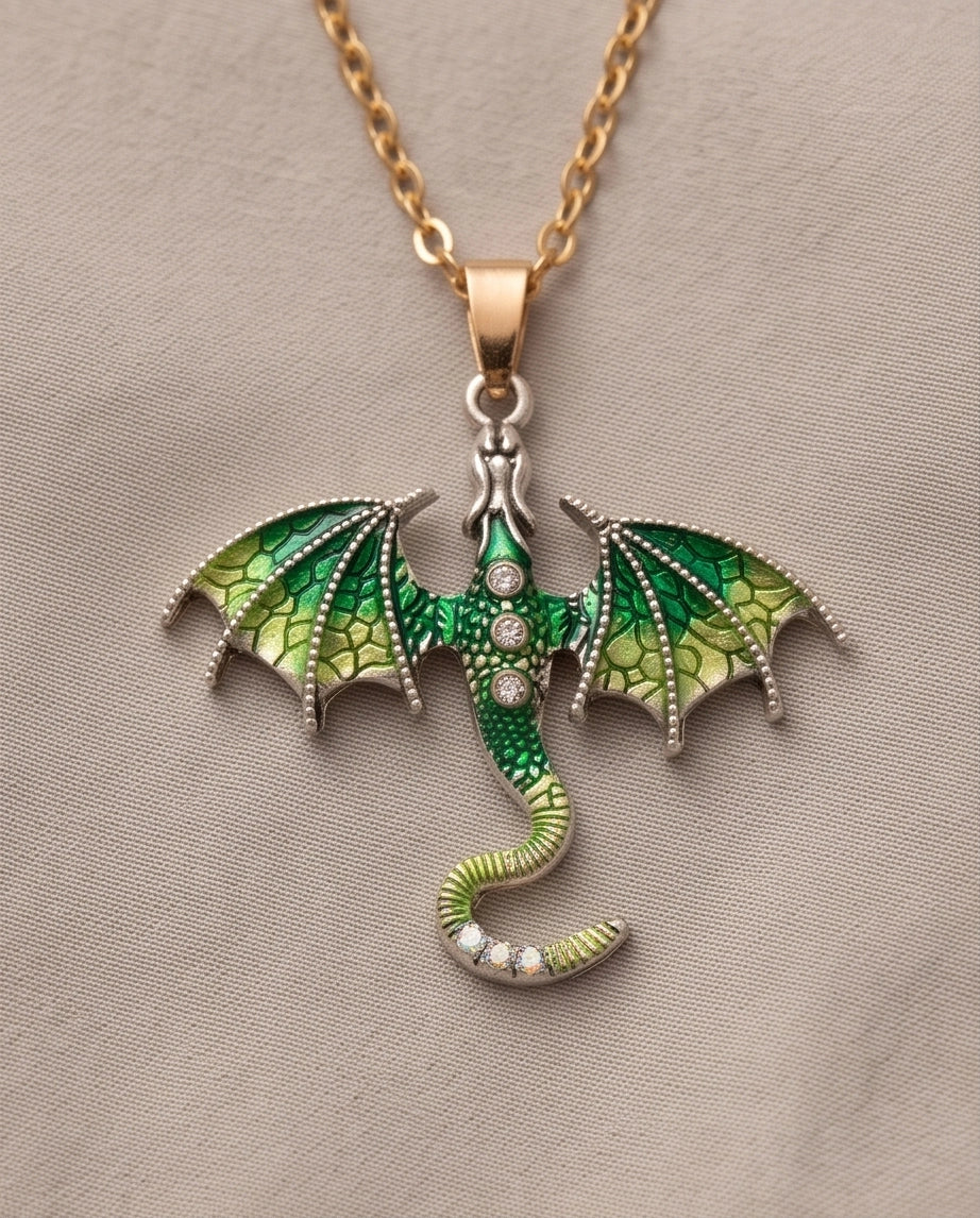 Silver Green Enamel Dragon Wyvern Pendant Necklace