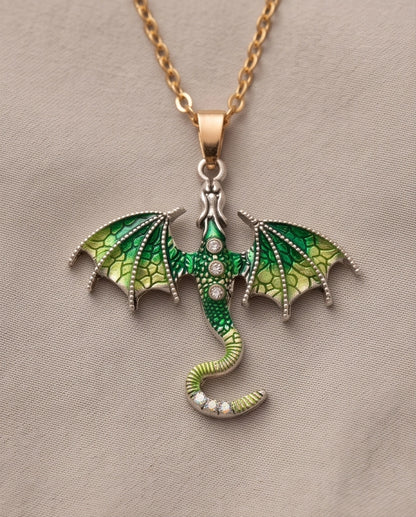 Silver Green Enamel Dragon Wyvern Pendant Necklace