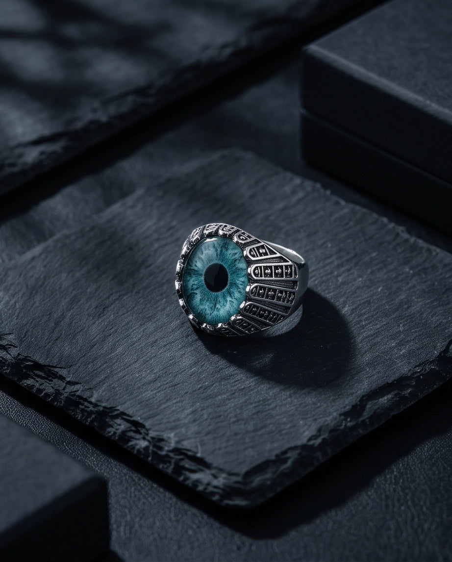 Teal-Grey Evil Eye Cabochon Architectural Bezel Silver Ring