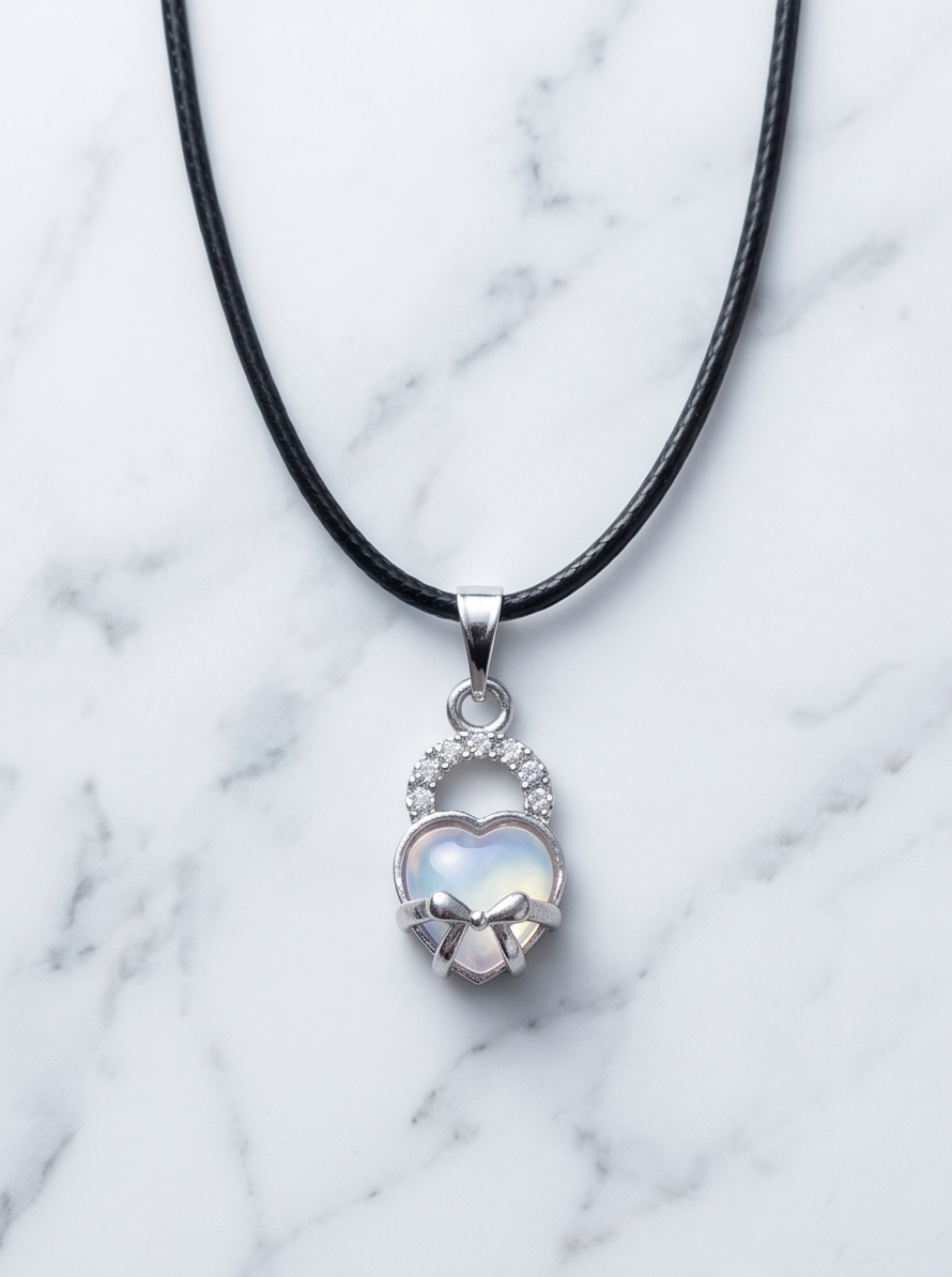 Opalite Heart Bow Lock Pendant Necklace