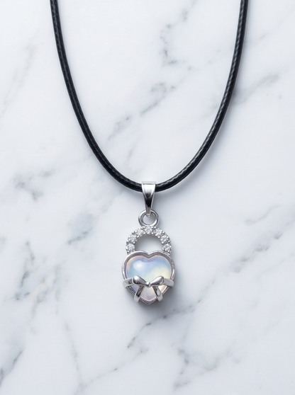 Opalite Heart Bow Lock Pendant Necklace