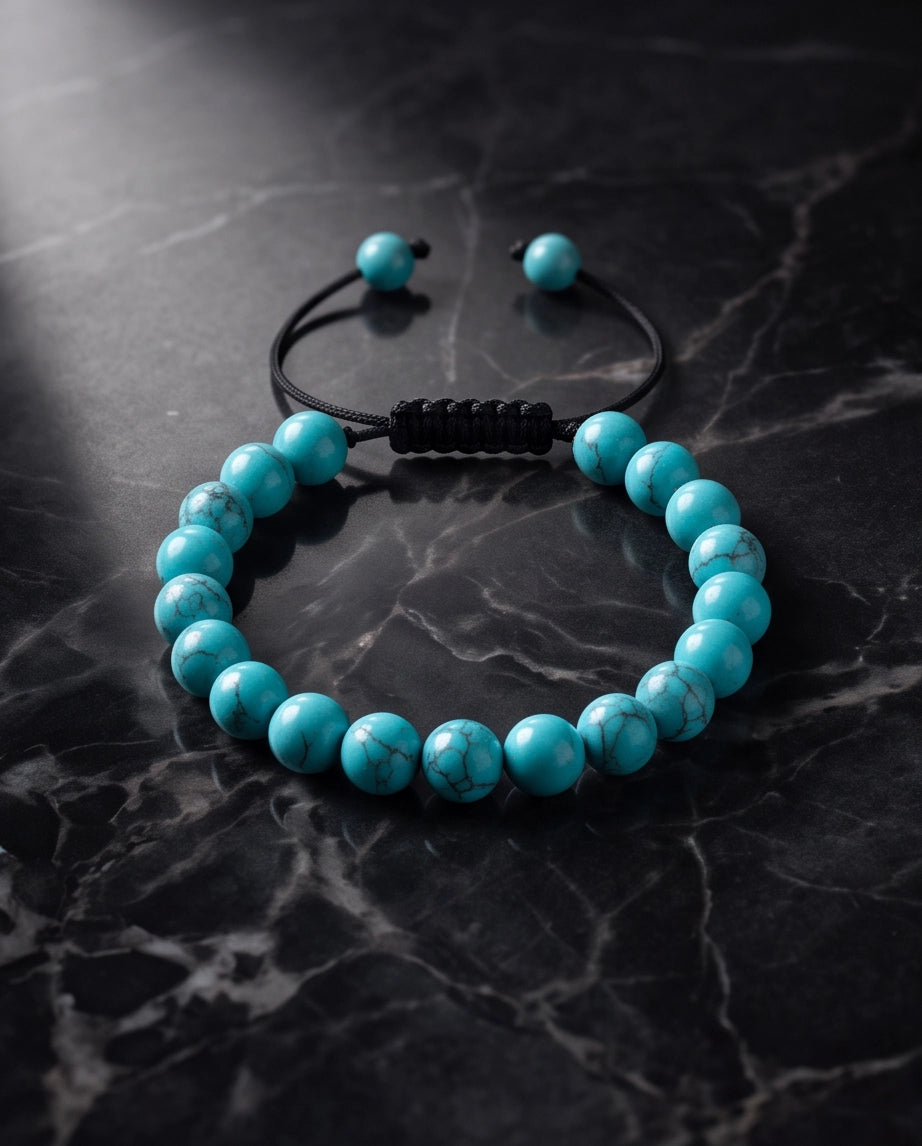 Natural Turquoise Veined Stone Beaded Adjustable Macrame Bracelet
