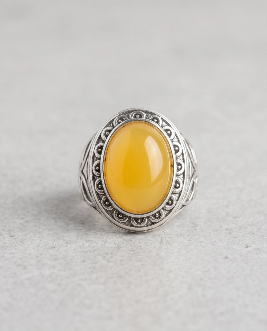 Yellow Jade Cabochon Scalloped Bezel Silver Ring