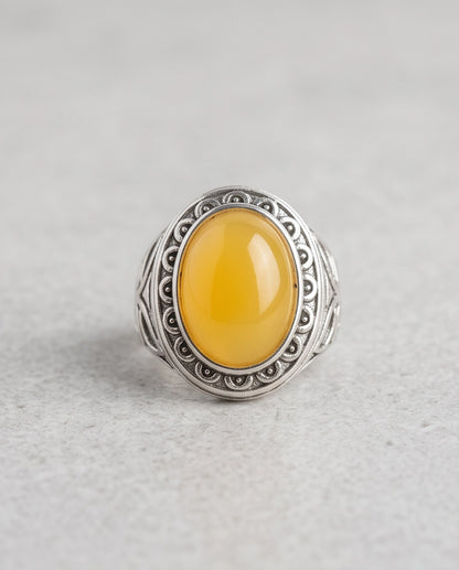 Yellow Jade Cabochon Scalloped Bezel Silver Ring