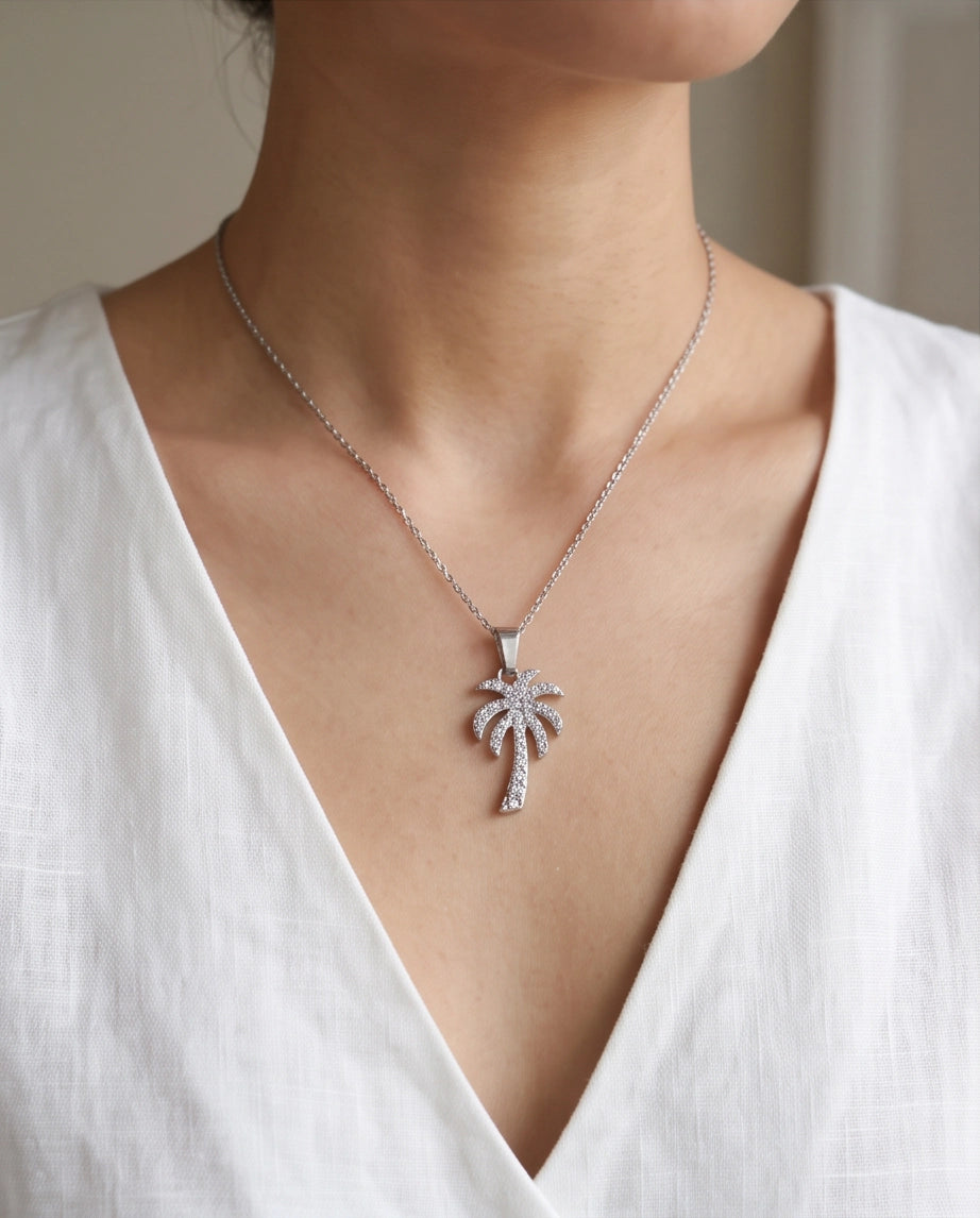 Silver Crystal Pavé Palm Tree Pendant Necklace