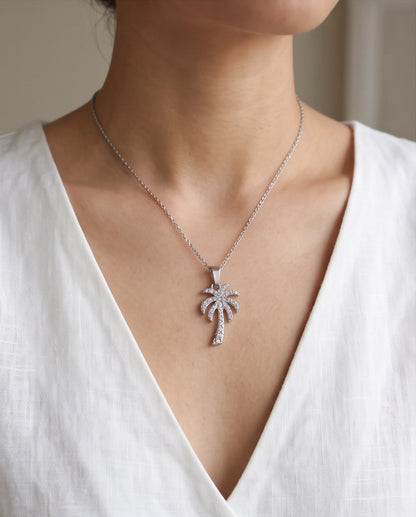 Silver Crystal Pavé Palm Tree Pendant Necklace