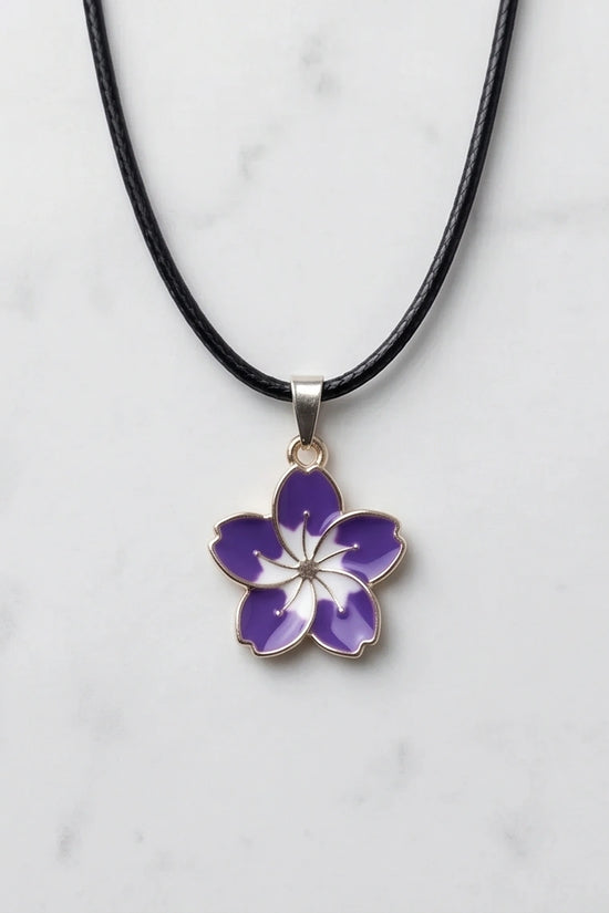 Elegant Purple and White Floral Enamel Pendant Necklace