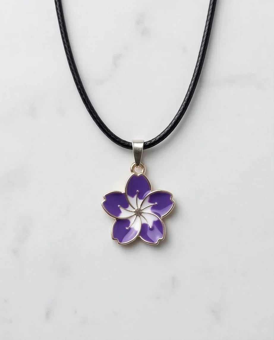 Elegant Purple and White Floral Enamel Pendant Necklace