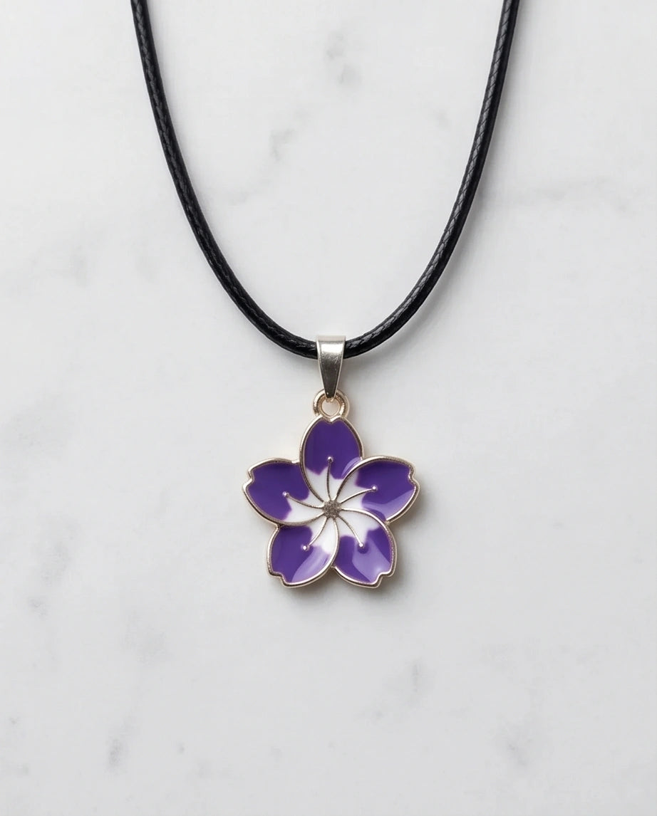Elegant Purple and White Floral Enamel Pendant Necklace