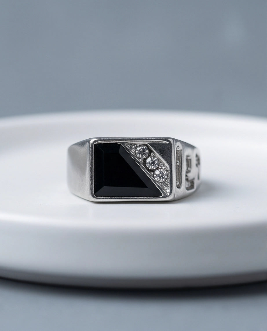 Onyx Inlay & Pavé Diagonal Split Signet Silver Ring