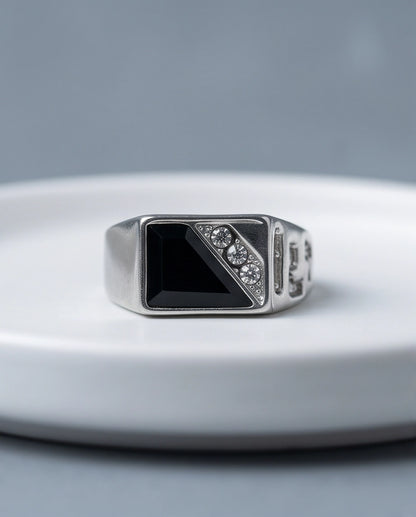 Onyx Inlay & Pavé Diagonal Split Signet Silver Ring