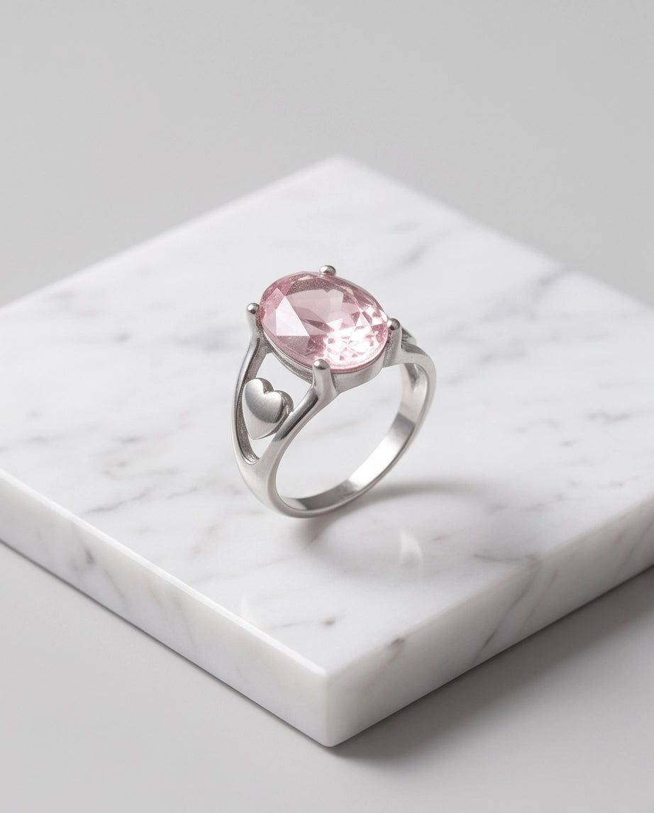 Silver Oval Pink Gemstone Heart Detail Solitaire Ring
