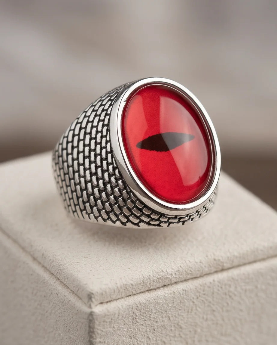 Crimson Brickwork Slit-Pupil Silver Ring