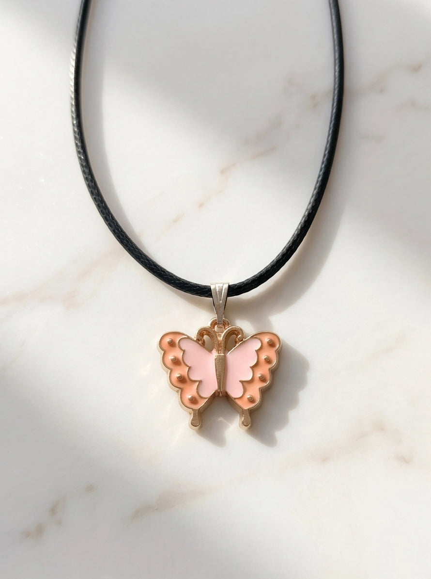 Pink & Peach Enamel Butterfly Pendant Necklace