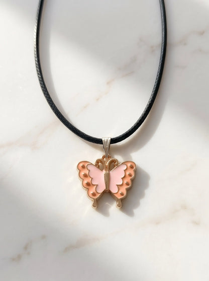 Pink & Peach Enamel Butterfly Pendant Necklace