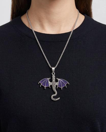 Silver Purple Enamel Dragon Wyvern Pendant Necklace
