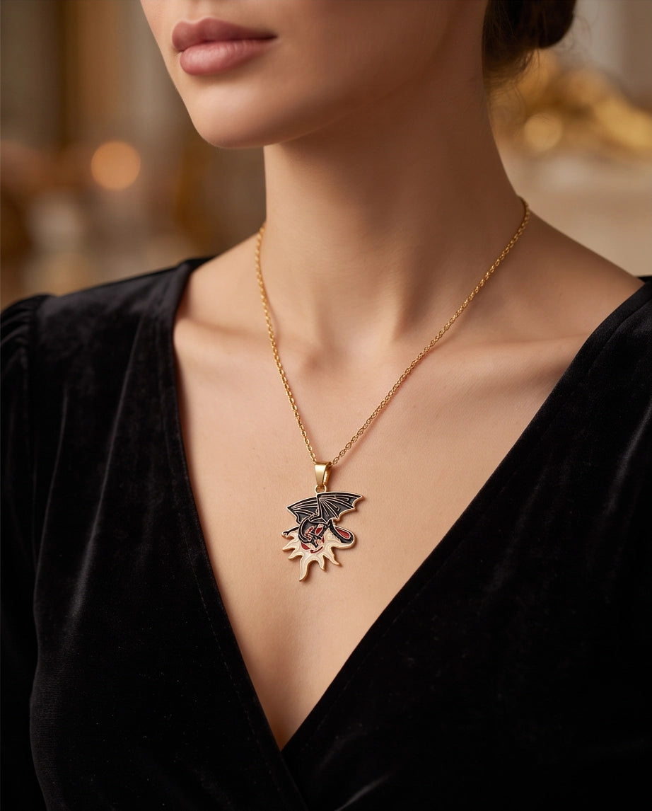 Gold Celestial Sun Dragon Enamel Pendant Necklace