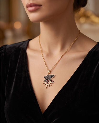 Gold Celestial Sun Dragon Enamel Pendant Necklace