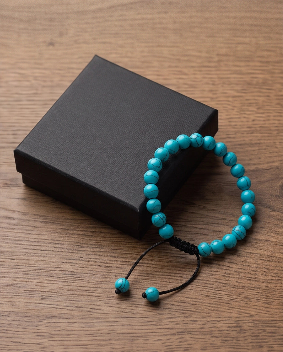 Natural Turquoise Veined Stone Beaded Adjustable Macrame Bracelet