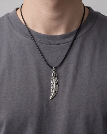 Silver Tribal Feather Cord Necklace
