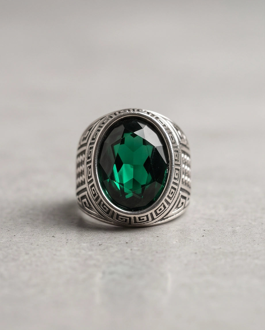 Emerald Gemstone Greek Key Bezel Studded Silver Ring