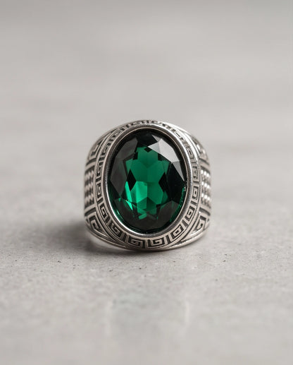 Emerald Gemstone Greek Key Bezel Studded Silver Ring