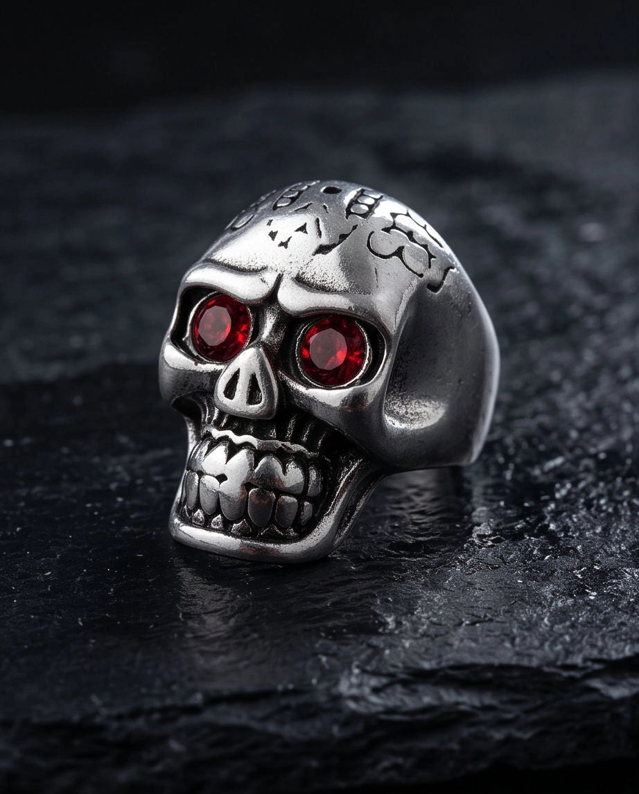 Red-Eyed Carved Crown Skull Ring